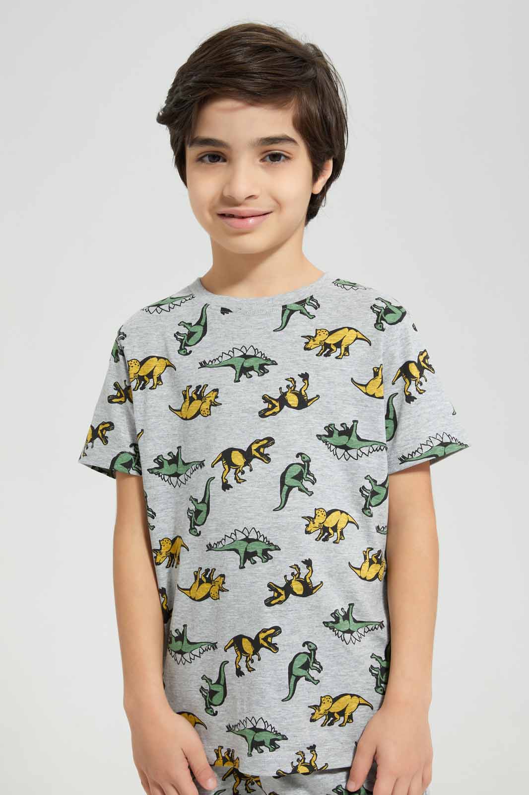 Redtag-Grey-Dino-All-Over-Print-T-Shirt-And-Short-PJ-BOY-Pyjama-Sets,-Category:Pyjama-Sets,-Colour:Grey,-Deals:New-In,-Filter:Boys-(2-to-8-Yrs),-New-In-BOY-APL,-Non-Sale,-Section:Boys-(0-to-14Yrs),-W22O-Boys-2 to 8 Years