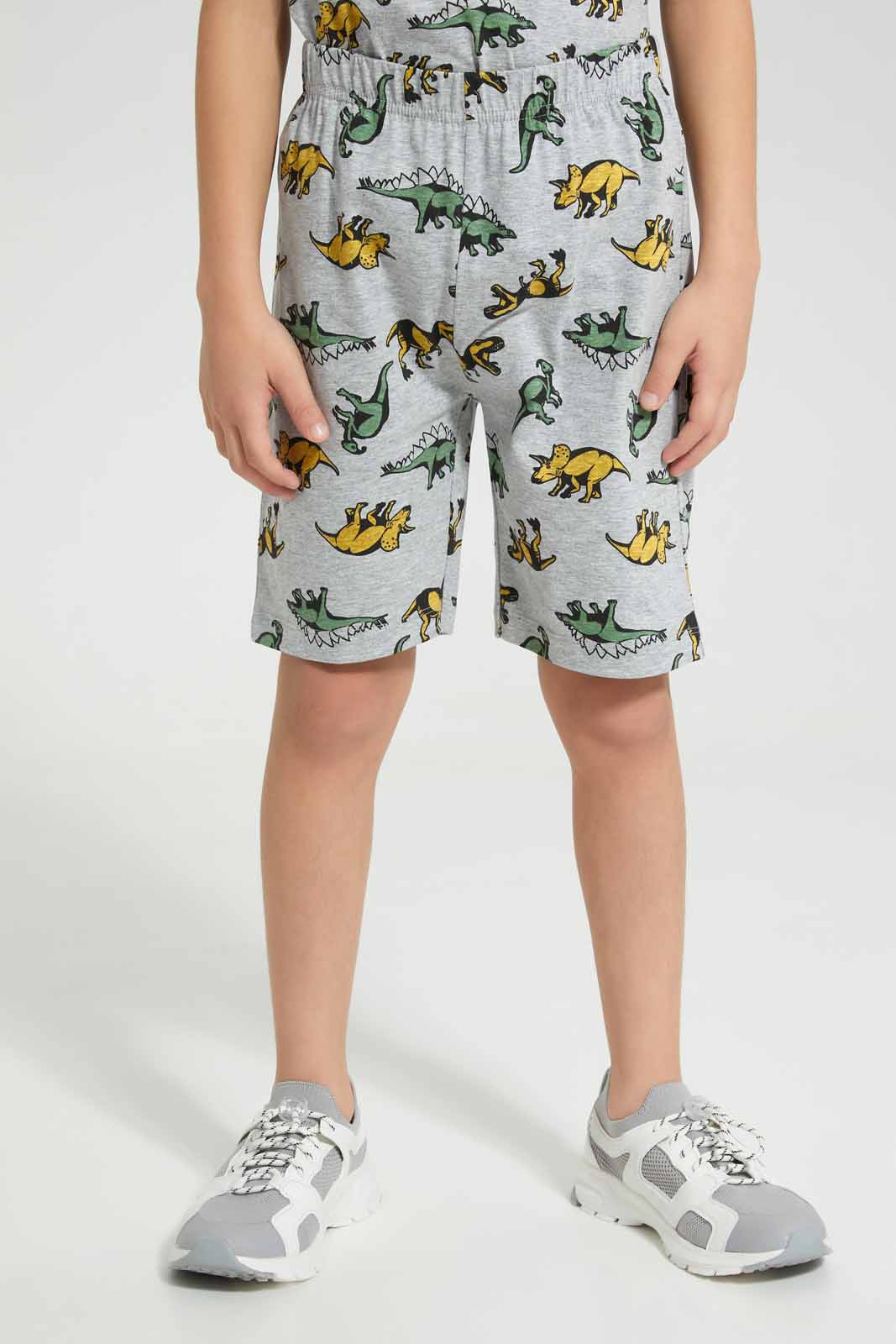 Redtag-Grey-Dino-All-Over-Print-T-Shirt-And-Short-PJ-BOY-Pyjama-Sets,-Category:Pyjama-Sets,-Colour:Grey,-Deals:New-In,-Filter:Boys-(2-to-8-Yrs),-New-In-BOY-APL,-Non-Sale,-Section:Boys-(0-to-14Yrs),-W22O-Boys-2 to 8 Years
