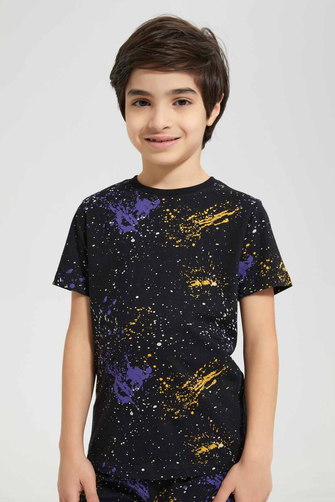 Redtag-Black-Paint-Splat-T-Shirt-And-Short-PJ-BOY-Pyjama-Sets,-Category:Pyjama-Sets,-Colour:Black,-Deals:New-In,-Filter:Boys-(2-to-8-Yrs),-New-In-BOY-APL,-Non-Sale,-Section:Boys-(0-to-14Yrs),-W22O-Boys-2 to 8 Years