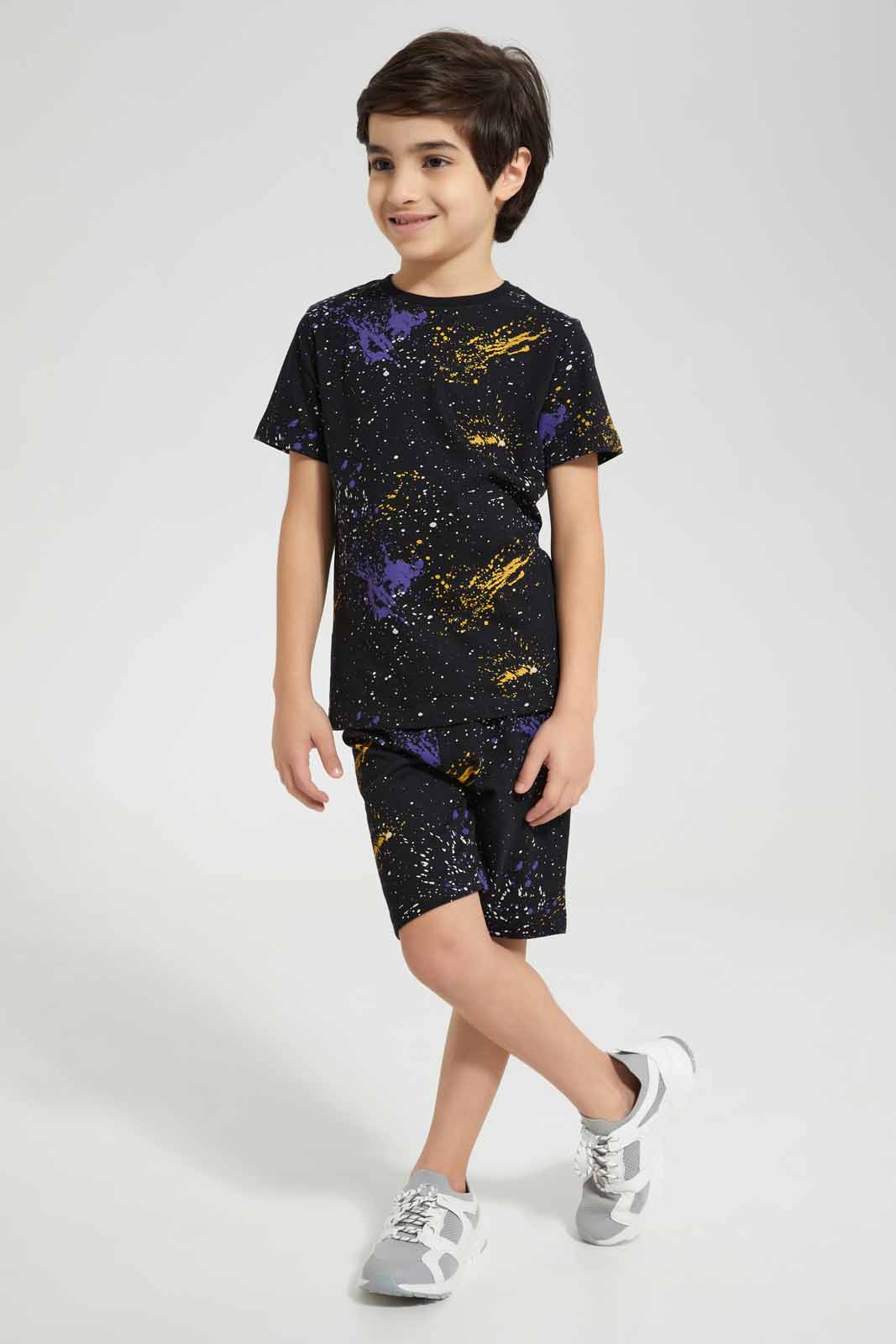 Redtag-Black-Paint-Splat-T-Shirt-And-Short-PJ-BOY-Pyjama-Sets,-Category:Pyjama-Sets,-Colour:Black,-Deals:New-In,-Filter:Boys-(2-to-8-Yrs),-New-In-BOY-APL,-Non-Sale,-Section:Boys-(0-to-14Yrs),-W22O-Boys-2 to 8 Years