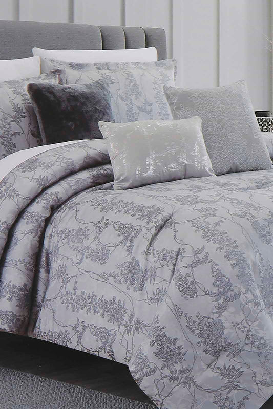 Redtag-Grey-7Pc-Floral-Jacquard-Comforter-Set-(King-Size)-Category:Comforters,-Colour:Grey,-Deals:New-In,-Dept:Home,-Filter:Home-Bedroom,-HMW-BED-Comforters,-New-In-HMW-BED,-Non-Sale,-Section:Homewares,-W22A-Home-Bedroom-