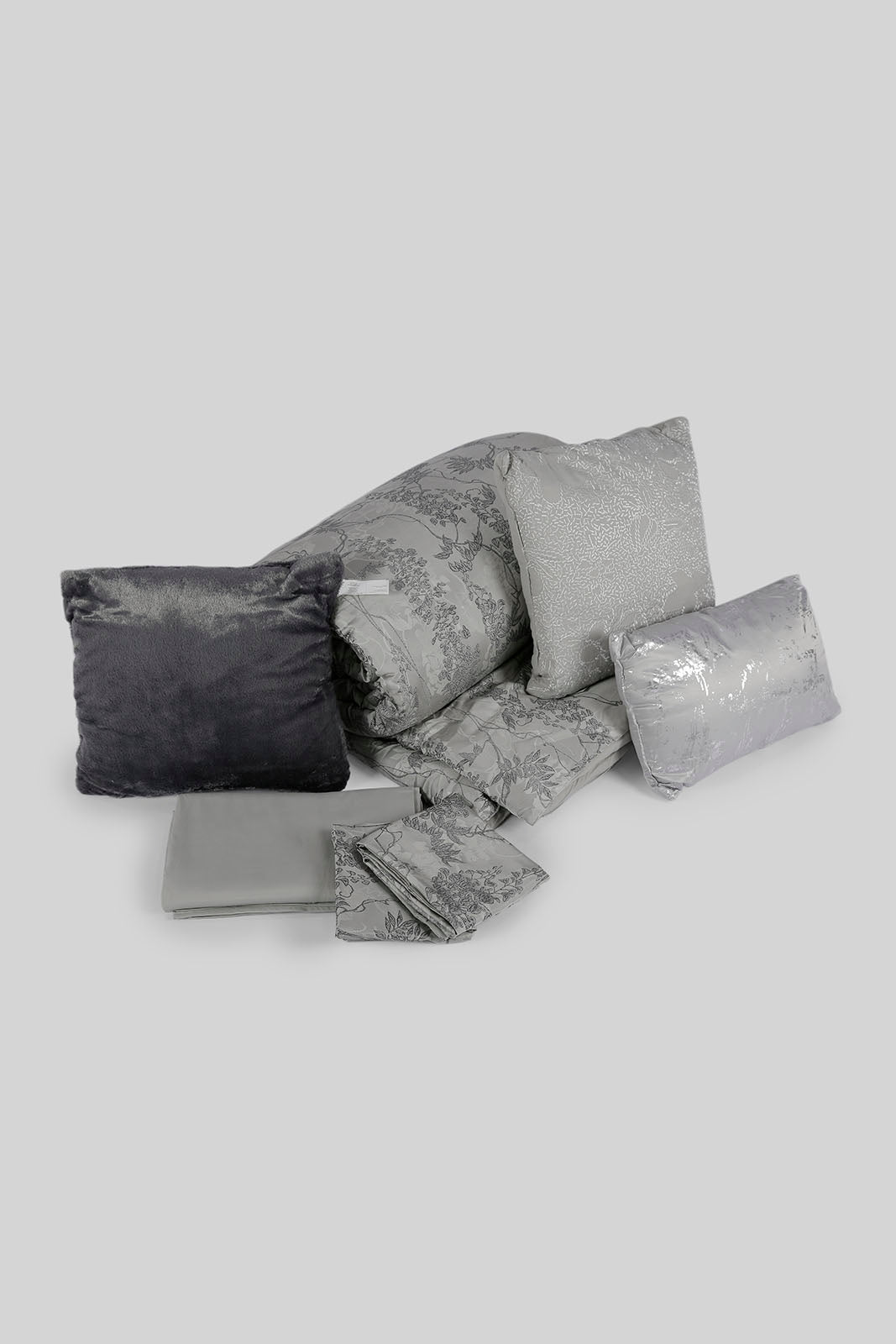 Redtag-Grey-7Pc-Floral-Jacquard-Comforter-Set-(King-Size)-Category:Comforters,-Colour:Grey,-Deals:New-In,-Dept:Home,-Filter:Home-Bedroom,-HMW-BED-Comforters,-New-In-HMW-BED,-Non-Sale,-Section:Homewares,-W22A-Home-Bedroom-