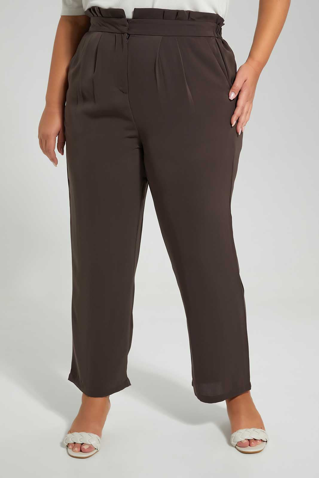Redtag-Brown-Trouser-Ruffle-Waist-Category:Trousers,-Colour:Brown,-Deals:New-In,-Filter:Plus-Size,-LDP-Trousers,-New-In-LDP-APL,-Non-Sale,-Section:Women,-W22O-Women's-