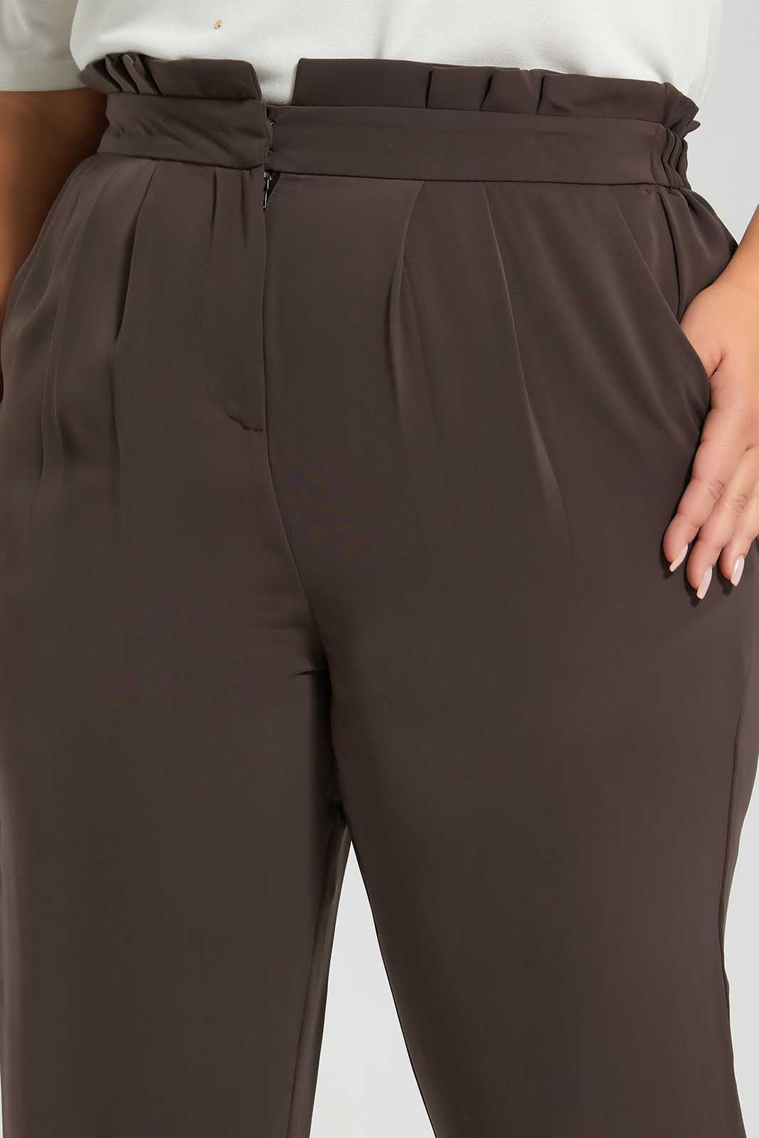 Redtag-Brown-Trouser-Ruffle-Waist-Category:Trousers,-Colour:Brown,-Deals:New-In,-Filter:Plus-Size,-LDP-Trousers,-New-In-LDP-APL,-Non-Sale,-Section:Women,-W22O-Women's-