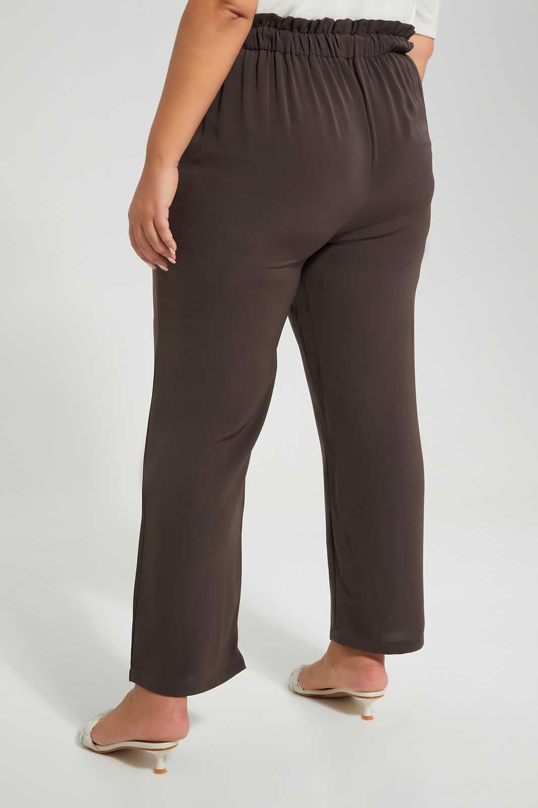 Redtag-Brown-Trouser-Ruffle-Waist-Category:Trousers,-Colour:Brown,-Deals:New-In,-Filter:Plus-Size,-LDP-Trousers,-New-In-LDP-APL,-Non-Sale,-Section:Women,-W22O-Women's-