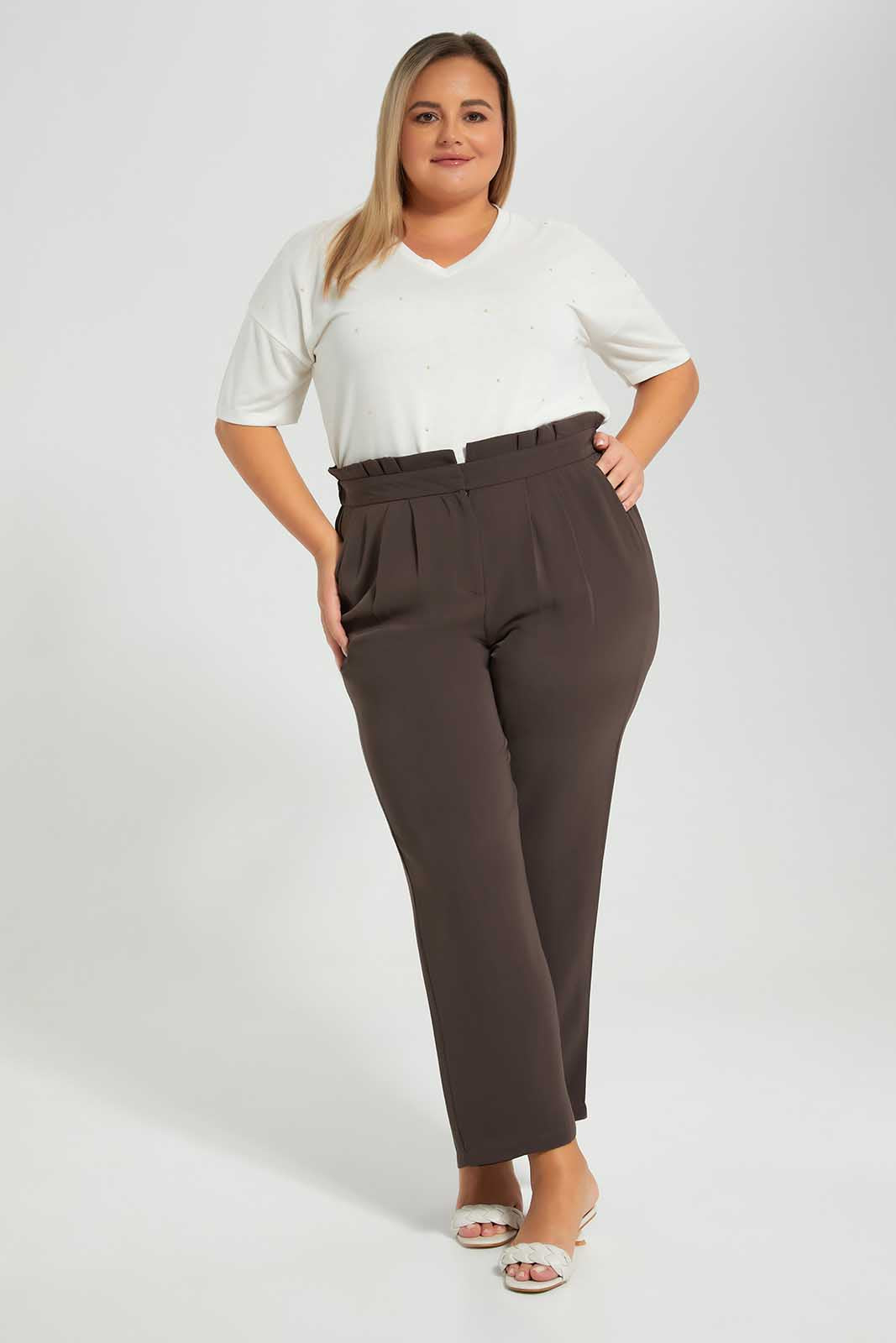 Redtag-Brown-Trouser-Ruffle-Waist-Category:Trousers,-Colour:Brown,-Deals:New-In,-Filter:Plus-Size,-LDP-Trousers,-New-In-LDP-APL,-Non-Sale,-Section:Women,-W22O-Women's-