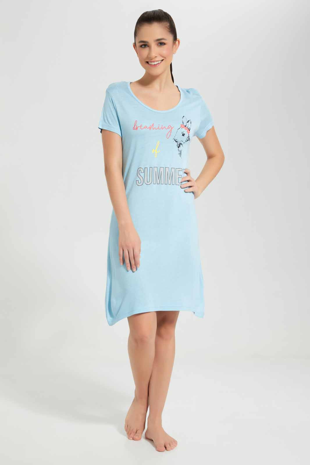 Redtag-Single-Pack-Chest-Print-Blue-Nightshirt-Category:Nightshirts,-Colour:Blue,-Deals:New-In,-Filter:Women's-Clothing,-New-In-Women-APL,-Non-Sale,-Section:Women,-W22O,-Women-Nightshirts--