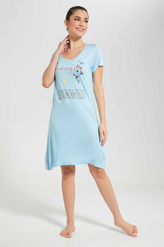 Redtag-Single-Pack-Chest-Print-Blue-Nightshirt-Category:Nightshirts,-Colour:Blue,-Deals:New-In,-Filter:Women's-Clothing,-New-In-Women-APL,-Non-Sale,-Section:Women,-W22O,-Women-Nightshirts--