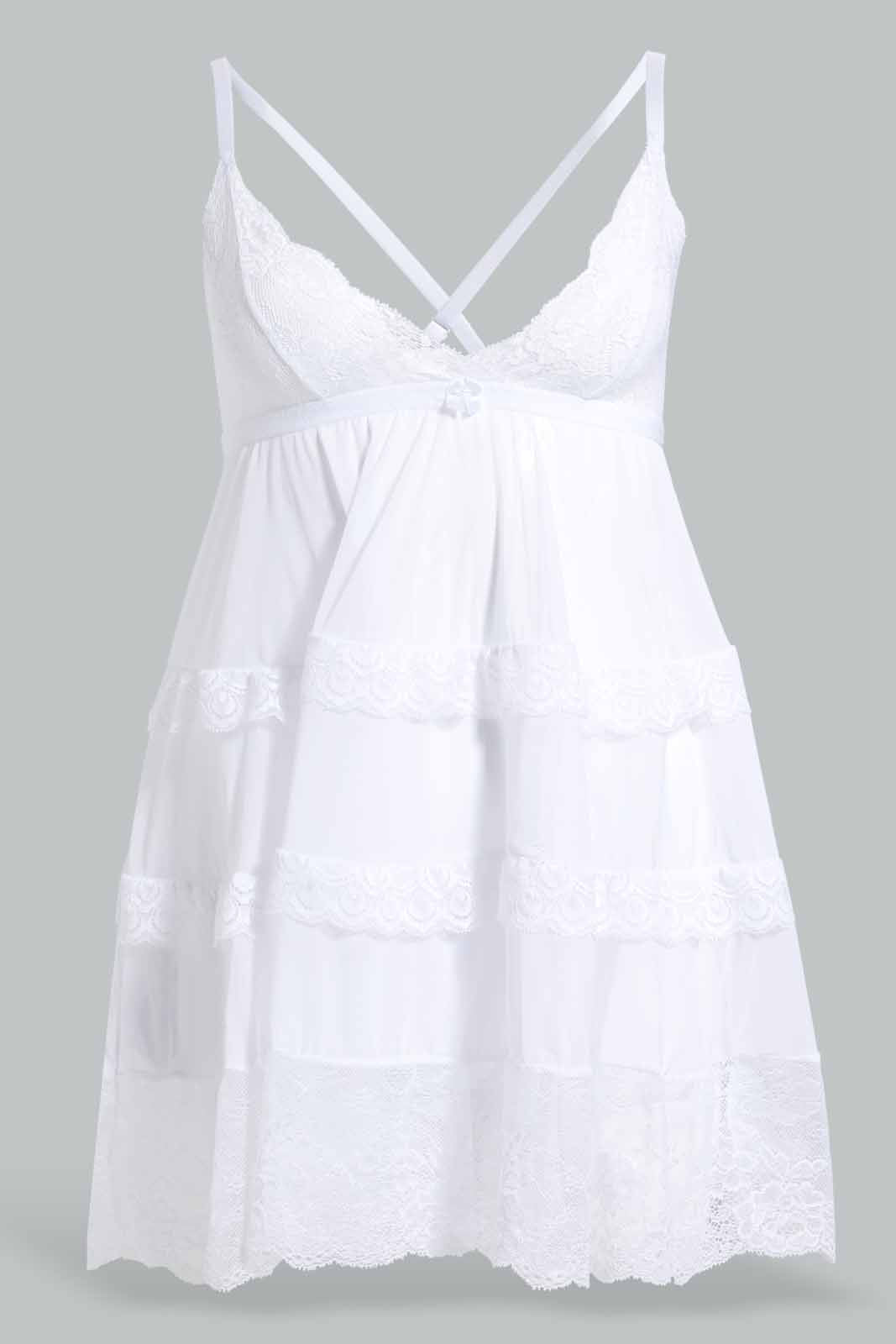 Redtag-White-Plain-Babydoll-With-Thong-Category:Babydolls,-Colour:White,-Deals:New-In,-Filter:Women's-Clothing,-New-In-Women-APL,-Non-Sale,-Section:Women,-W22O,-Women-Babydolls--