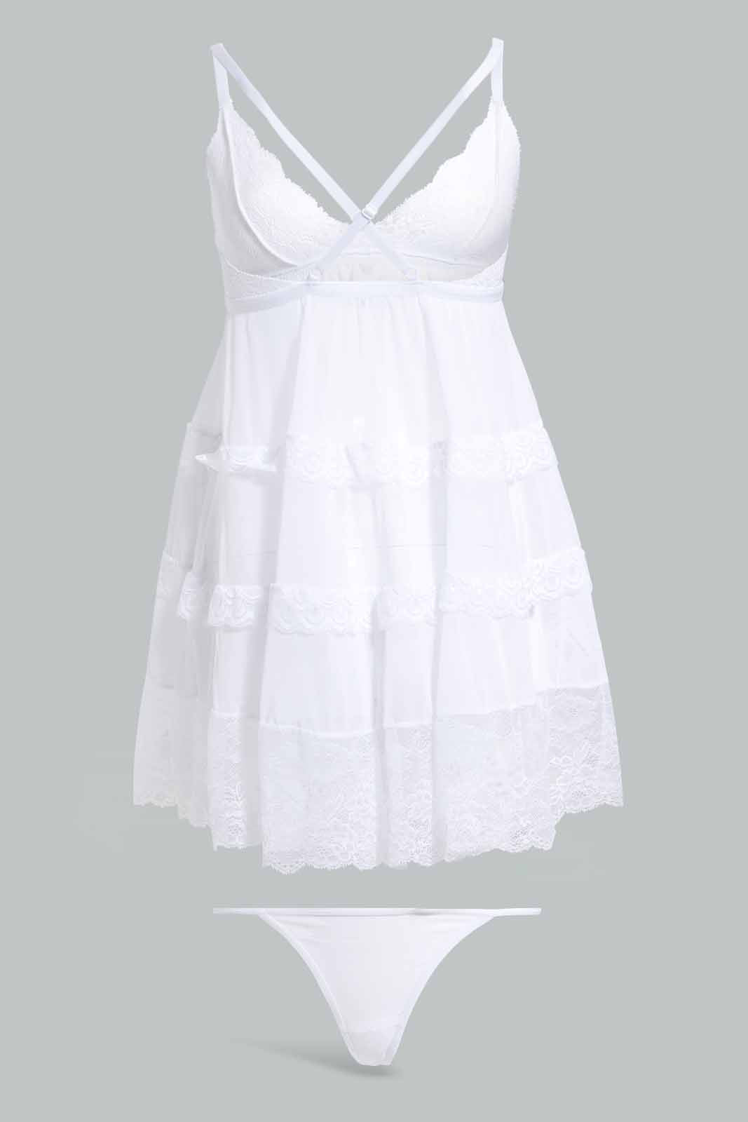 Redtag-White-Plain-Babydoll-With-Thong-Category:Babydolls,-Colour:White,-Deals:New-In,-Filter:Women's-Clothing,-New-In-Women-APL,-Non-Sale,-Section:Women,-W22O,-Women-Babydolls--
