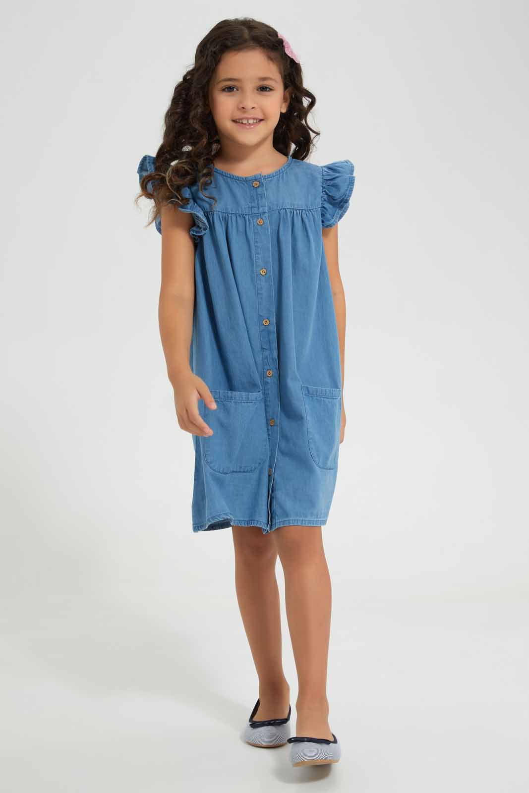 Redtag-Blue-Denim-Dress-Category:Dresses,-Colour:Blue,-Deals:New-In,-Filter:Girls-(2-to-8-Yrs),-GIR-Dresses,-New-In-GIR-APL,-Non-Sale,-Section:Girls-(0-to-14Yrs),-W22O-Girls-2 to 8 Years