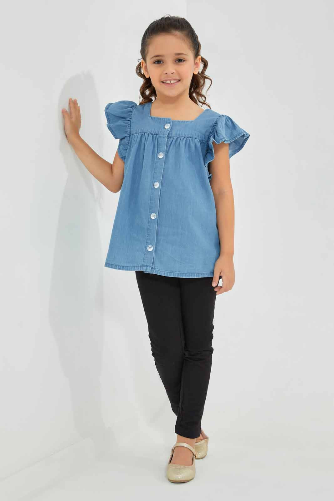 Redtag-Blue-Denim-Blouse-Category:Blouses,-Colour:Blue,-Deals:New-In,-Filter:Girls-(2-to-8-Yrs),-GIR-Blouses,-New-In-GIR-APL,-Non-Sale,-Section:Girls-(0-to-14Yrs),-W22O-Girls-2 to 8 Years