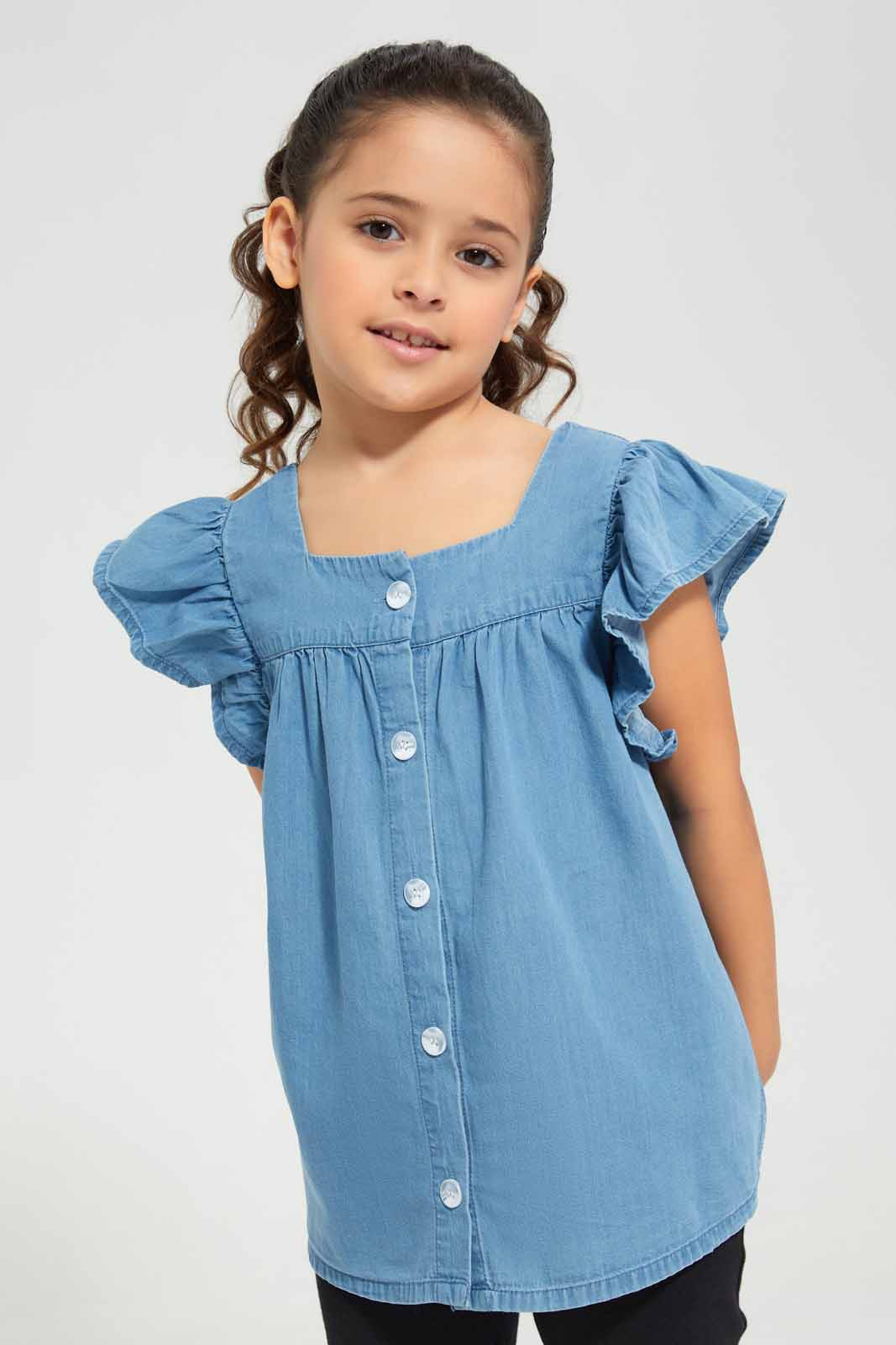 Redtag-Blue-Denim-Blouse-Category:Blouses,-Colour:Blue,-Deals:New-In,-Filter:Girls-(2-to-8-Yrs),-GIR-Blouses,-New-In-GIR-APL,-Non-Sale,-Section:Girls-(0-to-14Yrs),-W22O-Girls-2 to 8 Years