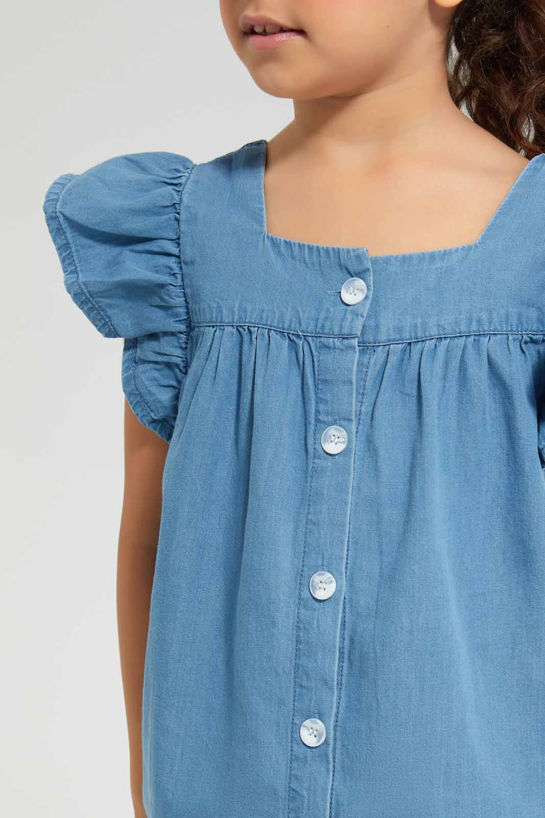 Redtag-Blue-Denim-Blouse-Category:Blouses,-Colour:Blue,-Deals:New-In,-Filter:Girls-(2-to-8-Yrs),-GIR-Blouses,-New-In-GIR-APL,-Non-Sale,-Section:Girls-(0-to-14Yrs),-W22O-Girls-2 to 8 Years