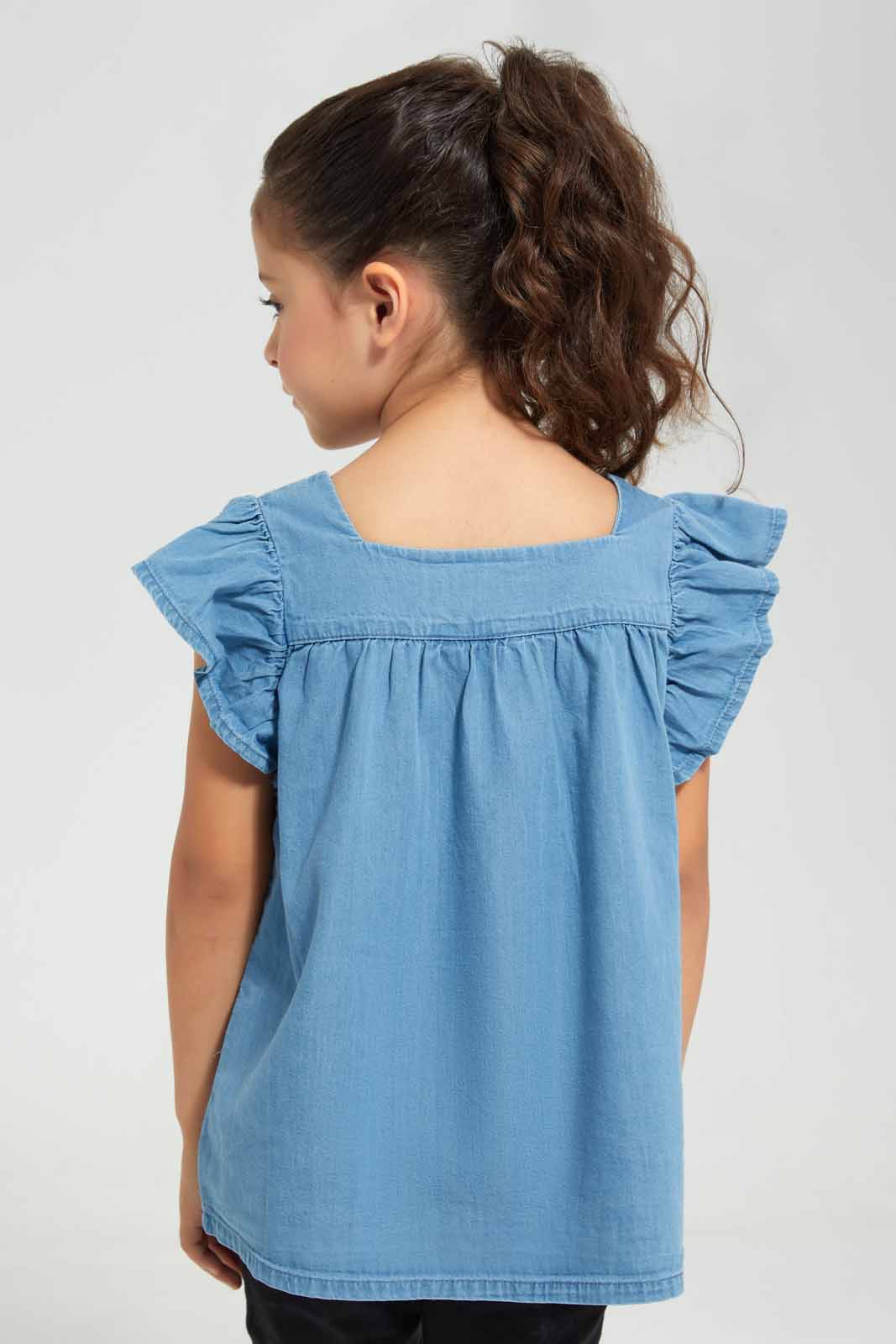 Redtag-Blue-Denim-Blouse-Category:Blouses,-Colour:Blue,-Deals:New-In,-Filter:Girls-(2-to-8-Yrs),-GIR-Blouses,-New-In-GIR-APL,-Non-Sale,-Section:Girls-(0-to-14Yrs),-W22O-Girls-2 to 8 Years