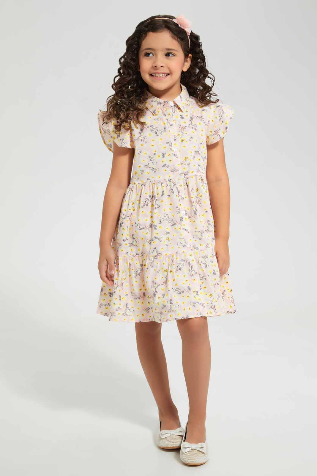 Redtag-Peach-Printed-Dress-Category:Dresses,-Colour:Apricot,-Deals:New-In,-Filter:Girls-(2-to-8-Yrs),-GIR-Dresses,-New-In-GIR-APL,-Non-Sale,-Section:Girls-(0-to-14Yrs),-W22O-Girls-2 to 8 Years