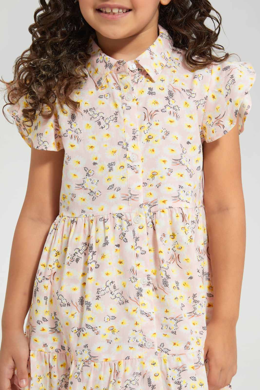 Redtag-Peach-Printed-Dress-Category:Dresses,-Colour:Apricot,-Deals:New-In,-Filter:Girls-(2-to-8-Yrs),-GIR-Dresses,-New-In-GIR-APL,-Non-Sale,-Section:Girls-(0-to-14Yrs),-W22O-Girls-2 to 8 Years