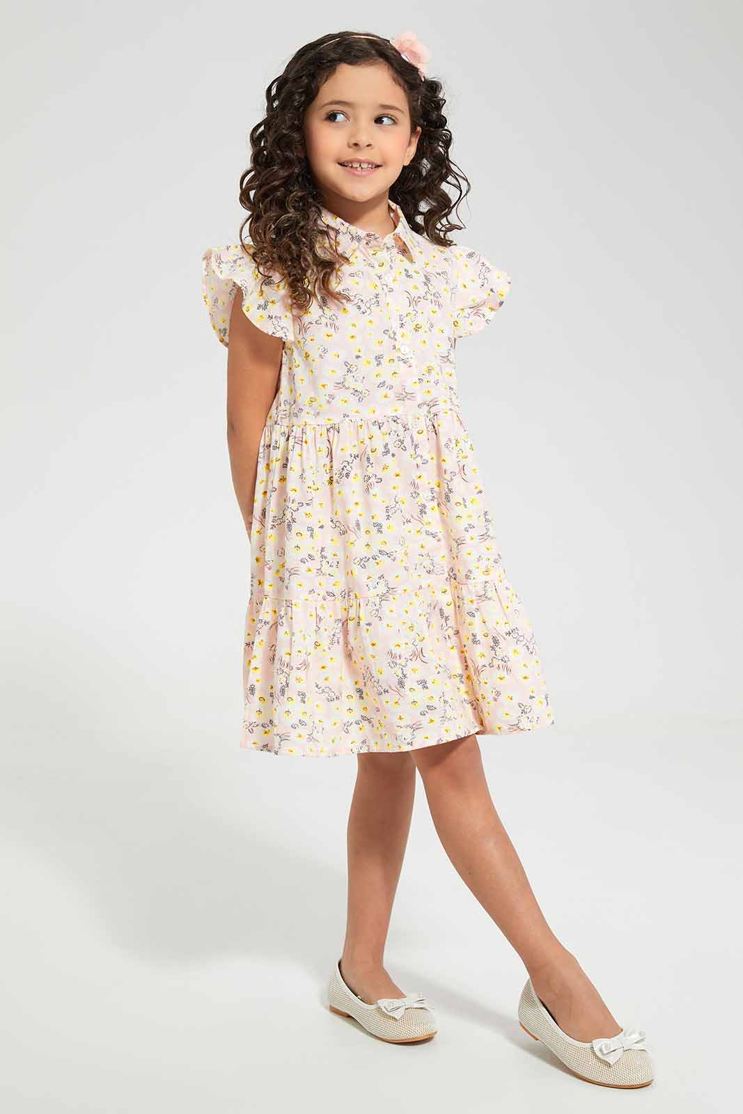 Redtag-Peach-Printed-Dress-Category:Dresses,-Colour:Apricot,-Deals:New-In,-Filter:Girls-(2-to-8-Yrs),-GIR-Dresses,-New-In-GIR-APL,-Non-Sale,-Section:Girls-(0-to-14Yrs),-W22O-Girls-2 to 8 Years