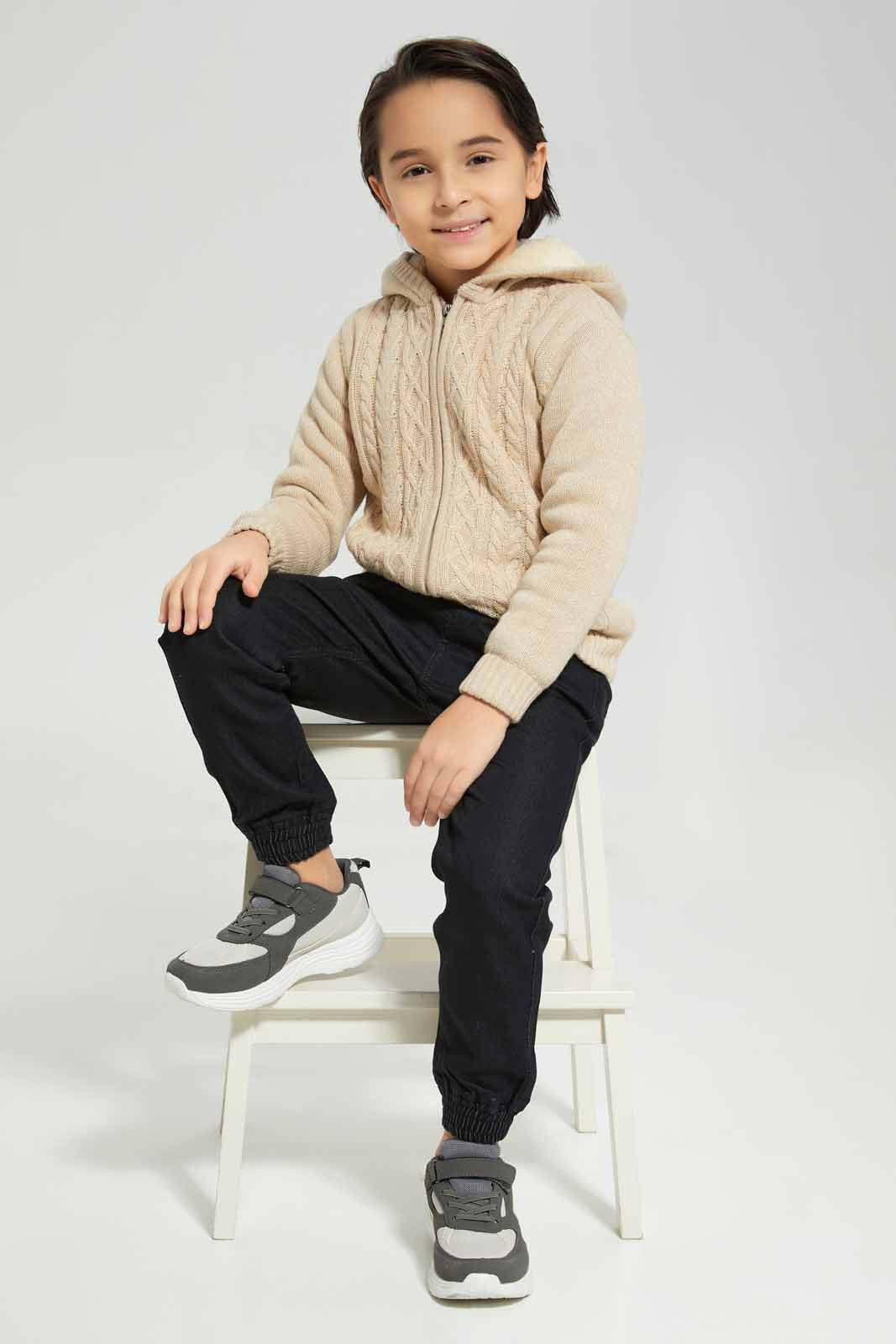 Redtag-Beige-Cable-Hooded-Zip-through-Cardigan-BOY-Cardigans,-Category:Cardigans,-Colour:Beige,-Deals:New-In,-EHW,-Filter:Boys-(2-to-8-Yrs),-New-In-BOY-APL,-Non-Sale,-Section:Boys-(0-to-14Yrs),-W22B-Boys-2 to 8 Years