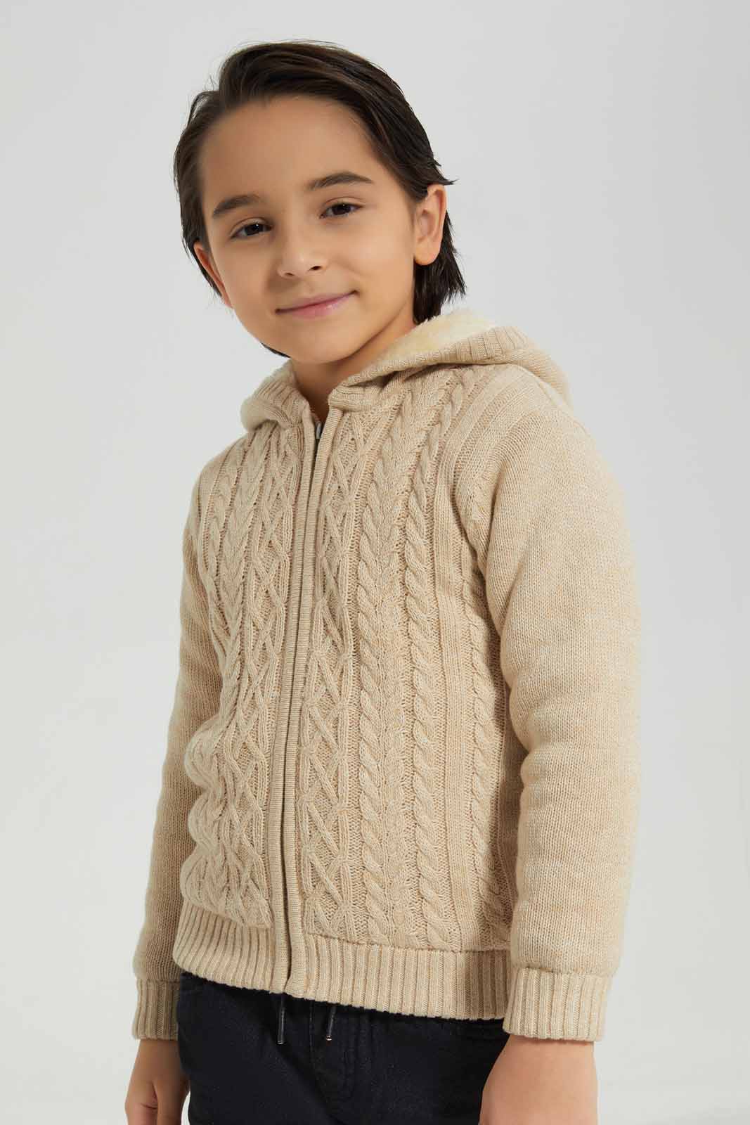 Redtag-Beige-Cable-Hooded-Zip-through-Cardigan-BOY-Cardigans,-Category:Cardigans,-Colour:Beige,-Deals:New-In,-EHW,-Filter:Boys-(2-to-8-Yrs),-New-In-BOY-APL,-Non-Sale,-Section:Boys-(0-to-14Yrs),-W22B-Boys-2 to 8 Years