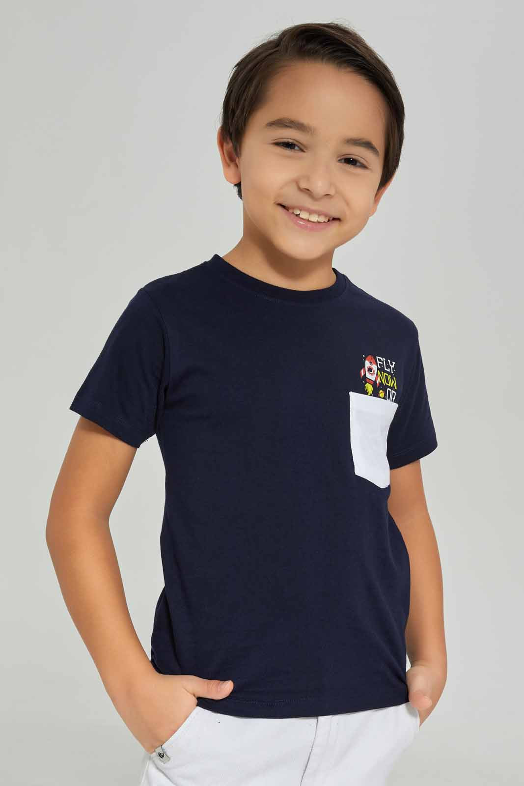 Redtag-Black-Print-Pocket-Short-Sleeve-T-Shirt-BOY-T-Shirts,-Category:T-Shirts,-Colour:Black,-Deals:New-In,-Dept:Boys,-Filter:Boys-(2-to-8-Yrs),-New-In-BOY-APL,-Non-Sale,-Section:Boys-(0-to-14Yrs),-TBL,-W22O-Boys-2 to 8 Years