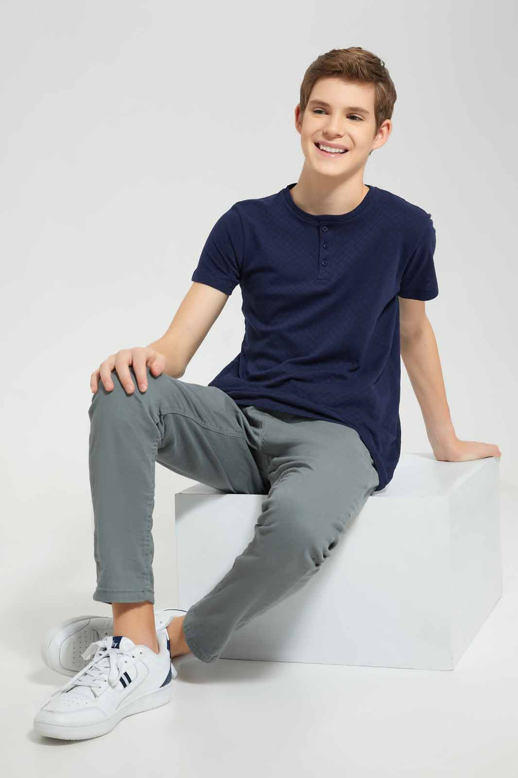 Redtag-Navy-Jacquard-Henley-T-Shirt-BSR-T-Shirts,-Category:T-Shirts,-Colour:Navy,-Deals:New-In,-Filter:Senior-Boys-(8-to-14-Yrs),-New-In-BSR-APL,-Non-Sale,-Section:Boys-(0-to-14Yrs),-TBL,-W22A-Senior-Boys-9 to 14 Years