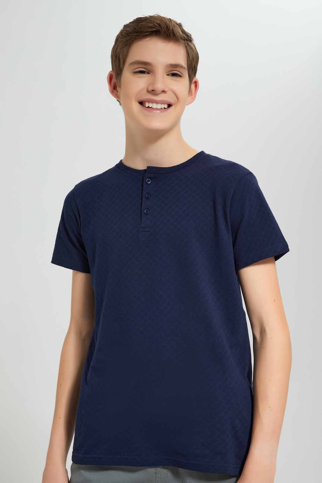 Redtag-Navy-Jacquard-Henley-T-Shirt-BSR-T-Shirts,-Category:T-Shirts,-Colour:Navy,-Deals:New-In,-Filter:Senior-Boys-(8-to-14-Yrs),-New-In-BSR-APL,-Non-Sale,-Section:Boys-(0-to-14Yrs),-TBL,-W22A-Senior-Boys-9 to 14 Years