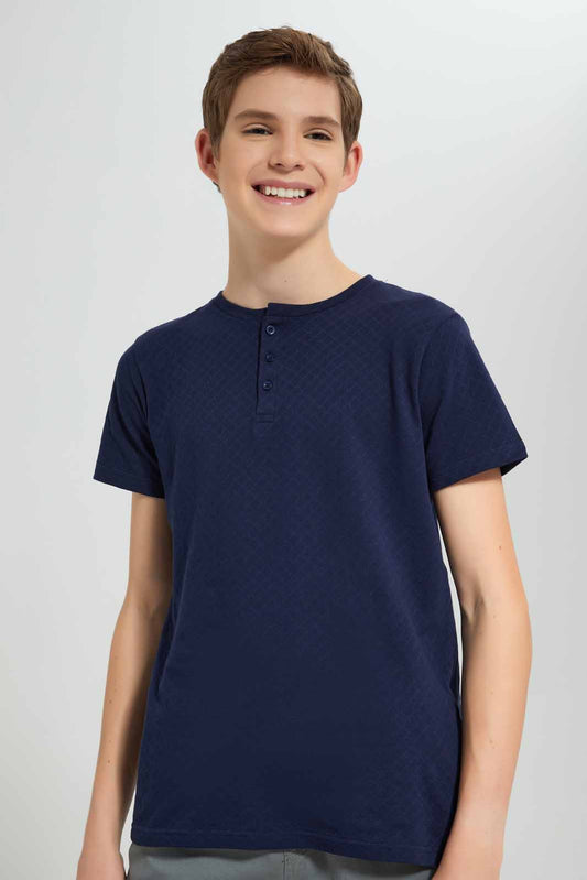 Redtag-Navy-Jacquard-Henley-T-Shirt-BSR-T-Shirts,-Category:T-Shirts,-Colour:Navy,-Deals:New-In,-Filter:Senior-Boys-(8-to-14-Yrs),-New-In-BSR-APL,-Non-Sale,-Section:Boys-(0-to-14Yrs),-TBL,-W22A-Senior-Boys-9 to 14 Years