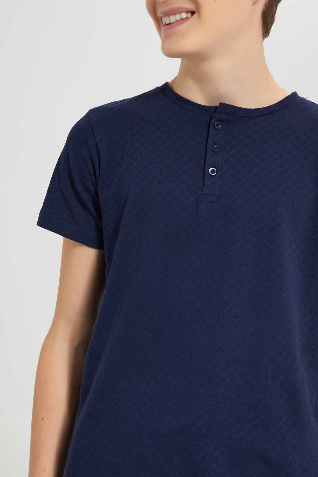 Redtag-Navy-Jacquard-Henley-T-Shirt-BSR-T-Shirts,-Category:T-Shirts,-Colour:Navy,-Deals:New-In,-Filter:Senior-Boys-(8-to-14-Yrs),-New-In-BSR-APL,-Non-Sale,-Section:Boys-(0-to-14Yrs),-TBL,-W22A-Senior-Boys-9 to 14 Years