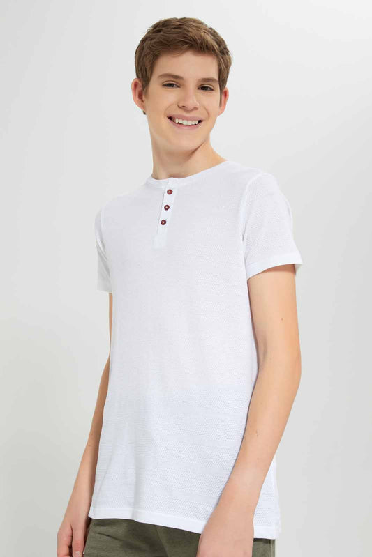 Redtag-White-Jacquard-Henley-T-Shirt-BSR-T-Shirts,-Category:T-Shirts,-Colour:White,-Deals:New-In,-Filter:Senior-Boys-(8-to-14-Yrs),-New-In-BSR-APL,-Non-Sale,-Section:Boys-(0-to-14Yrs),-TBL,-W22A-Senior-Boys-9 to 14 Years