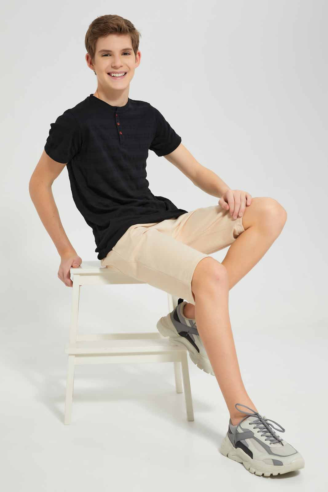Redtag-Black-Jacquard-Henley-T-Shirt-BSR-T-Shirts,-Category:T-Shirts,-Colour:Black,-Deals:New-In,-Filter:Senior-Boys-(8-to-14-Yrs),-New-In-BSR-APL,-Non-Sale,-Section:Boys-(0-to-14Yrs),-TBL,-W22A-Senior-Boys-9 to 14 Years