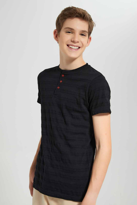 Redtag-Black-Jacquard-Henley-T-Shirt-BSR-T-Shirts,-Category:T-Shirts,-Colour:Black,-Deals:New-In,-Filter:Senior-Boys-(8-to-14-Yrs),-New-In-BSR-APL,-Non-Sale,-Section:Boys-(0-to-14Yrs),-TBL,-W22A-Senior-Boys-9 to 14 Years
