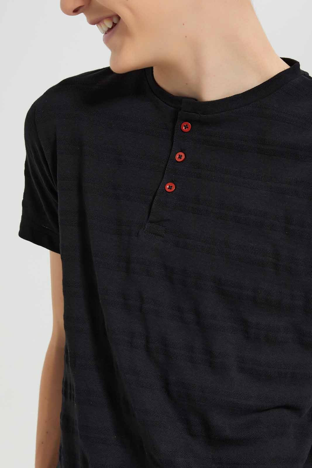 Redtag-Black-Jacquard-Henley-T-Shirt-BSR-T-Shirts,-Category:T-Shirts,-Colour:Black,-Deals:New-In,-Filter:Senior-Boys-(8-to-14-Yrs),-New-In-BSR-APL,-Non-Sale,-Section:Boys-(0-to-14Yrs),-TBL,-W22A-Senior-Boys-9 to 14 Years