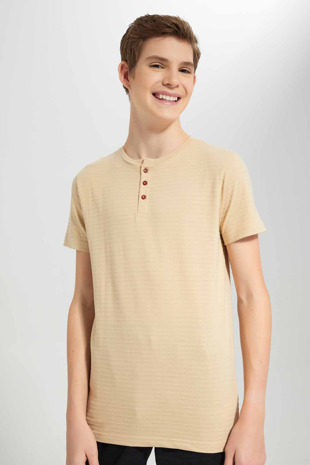 Redtag-Beige-Jacquard-Henley-T-Shirt-BSR-T-Shirts,-Category:T-Shirts,-Colour:Beige,-Deals:New-In,-Filter:Senior-Boys-(8-to-14-Yrs),-New-In-BSR-APL,-Non-Sale,-Section:Boys-(0-to-14Yrs),-TBL,-W22A-Senior-Boys-9 to 14 Years