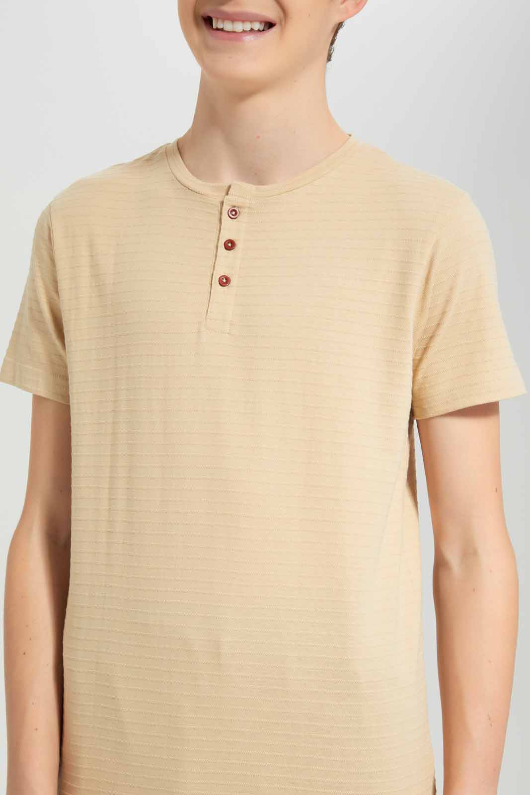 Redtag-Beige-Jacquard-Henley-T-Shirt-BSR-T-Shirts,-Category:T-Shirts,-Colour:Beige,-Deals:New-In,-Filter:Senior-Boys-(8-to-14-Yrs),-New-In-BSR-APL,-Non-Sale,-Section:Boys-(0-to-14Yrs),-TBL,-W22A-Senior-Boys-9 to 14 Years
