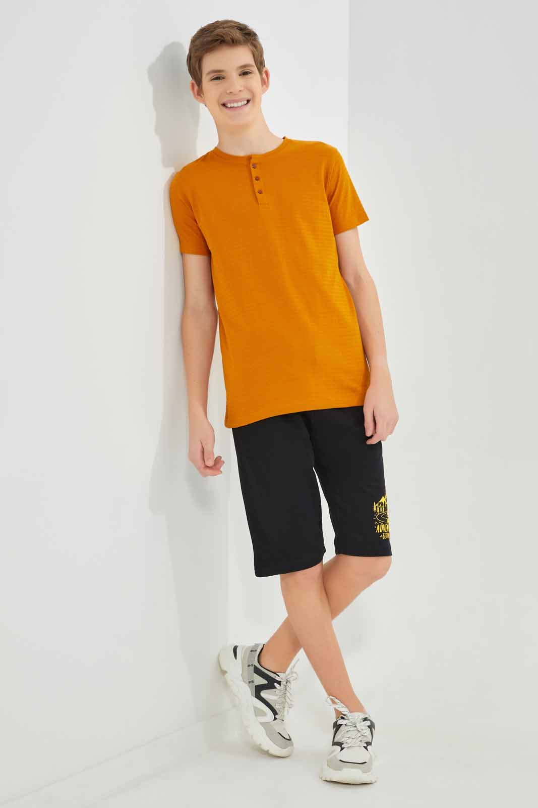 Redtag-Mustard-Jacquard-Henley-T-Shirt-BSR-T-Shirts,-Category:T-Shirts,-Colour:Mustard,-Deals:New-In,-Filter:Senior-Boys-(8-to-14-Yrs),-New-In-BSR-APL,-Non-Sale,-Section:Boys-(0-to-14Yrs),-TBL,-W22A-Senior-Boys-9 to 14 Years