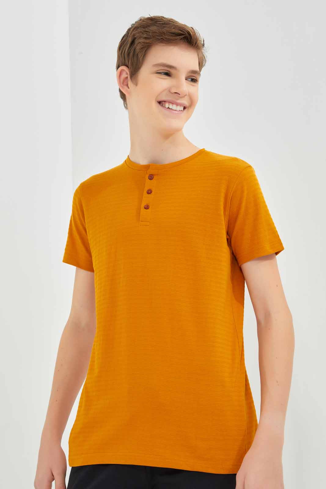 Redtag-Mustard-Jacquard-Henley-T-Shirt-BSR-T-Shirts,-Category:T-Shirts,-Colour:Mustard,-Deals:New-In,-Filter:Senior-Boys-(8-to-14-Yrs),-New-In-BSR-APL,-Non-Sale,-Section:Boys-(0-to-14Yrs),-TBL,-W22A-Senior-Boys-9 to 14 Years