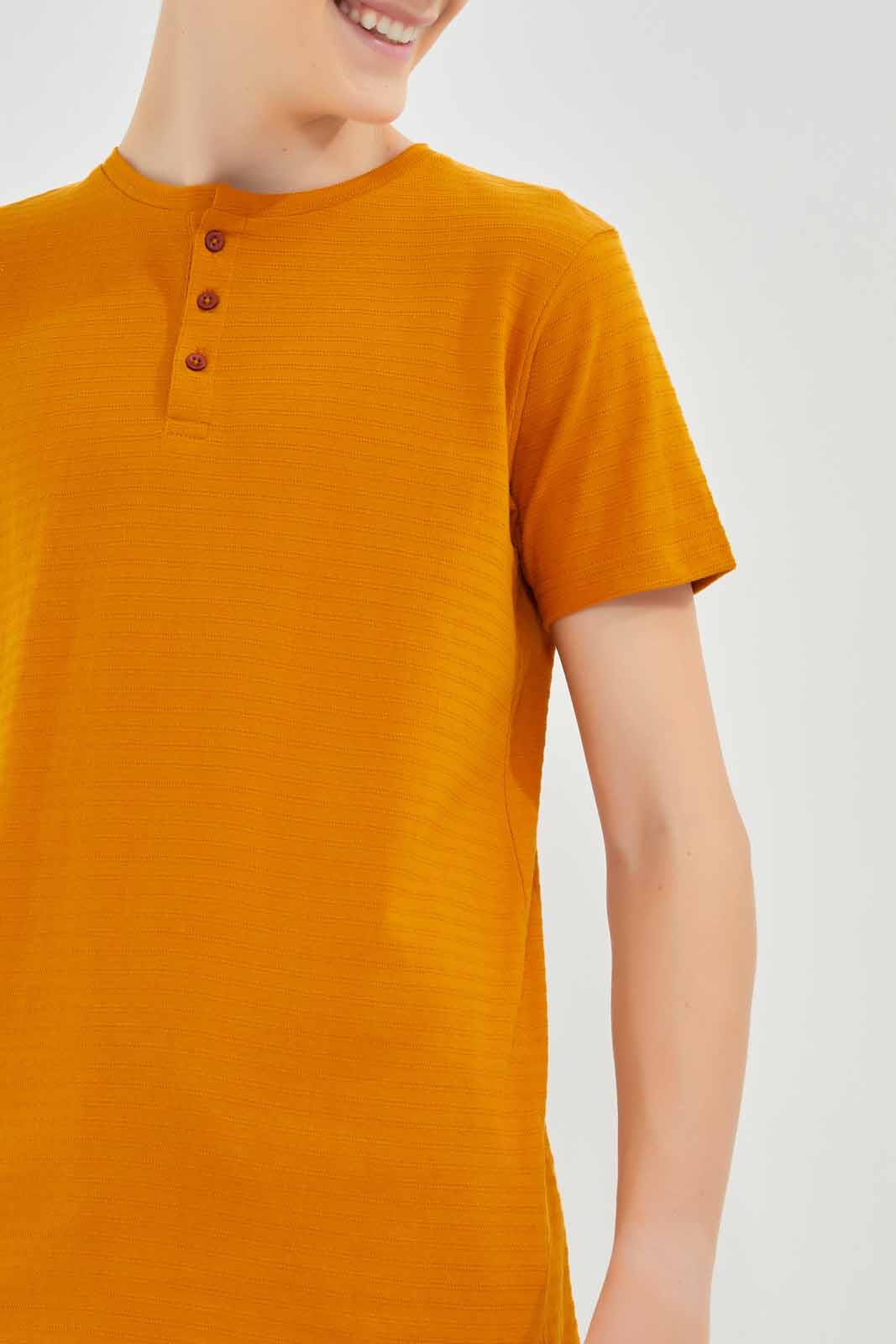 Redtag-Mustard-Jacquard-Henley-T-Shirt-BSR-T-Shirts,-Category:T-Shirts,-Colour:Mustard,-Deals:New-In,-Filter:Senior-Boys-(8-to-14-Yrs),-New-In-BSR-APL,-Non-Sale,-Section:Boys-(0-to-14Yrs),-TBL,-W22A-Senior-Boys-9 to 14 Years
