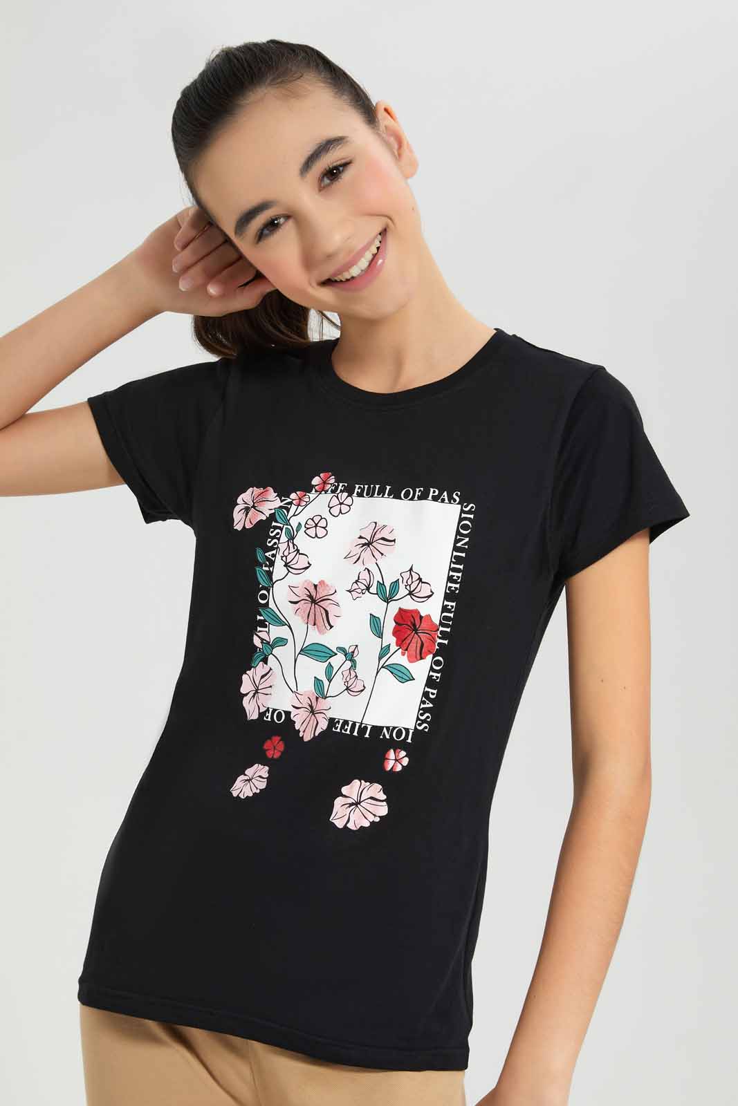 Redtag-Black-Basic-T-Shirt-Category:T-Shirts,-Colour:Black,-Deals:New-In,-Filter:Senior-Girls-(8-to-14-Yrs),-GSR-T-Shirts,-New-In-GSR-APL,-Non-Sale,-Section:Girls-(0-to-14Yrs),-TBL,-W22A-Senior-Girls-9 to 14 Years