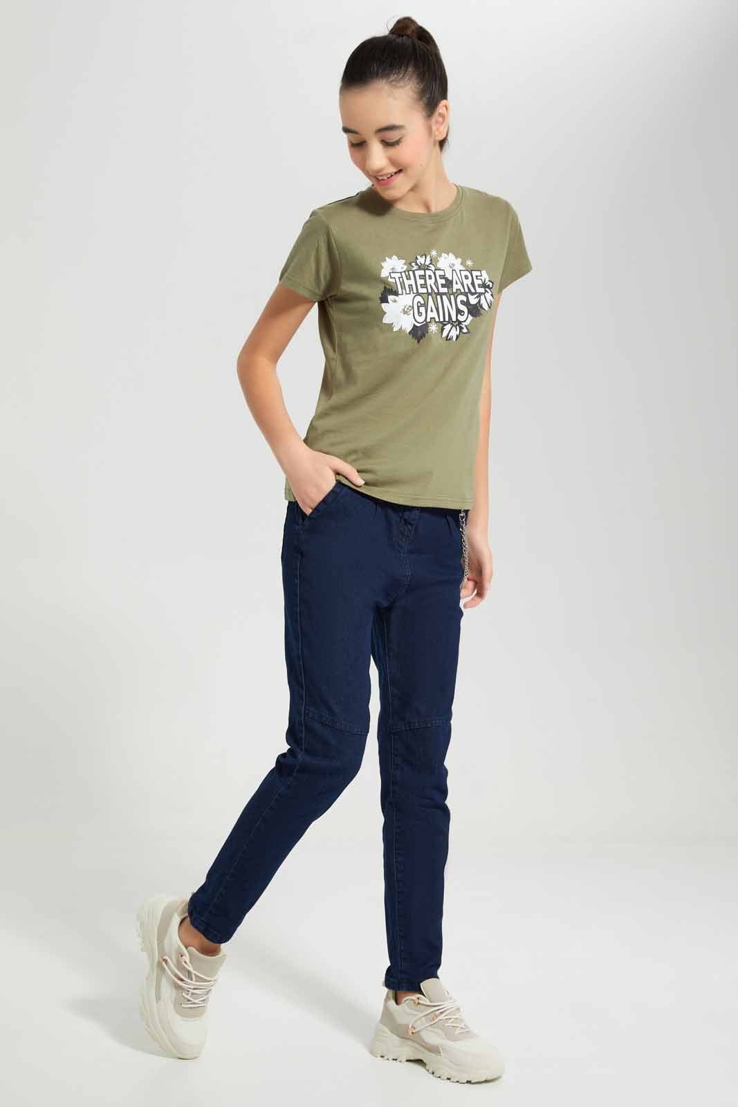 Redtag-Olive-Basic-T-Shirt-Category:T-Shirts,-Colour:Olive,-Deals:New-In,-Filter:Senior-Girls-(8-to-14-Yrs),-GSR-T-Shirts,-New-In-GSR-APL,-Non-Sale,-Section:Girls-(0-to-14Yrs),-TBL,-W22A-Senior-Girls-9 to 14 Years