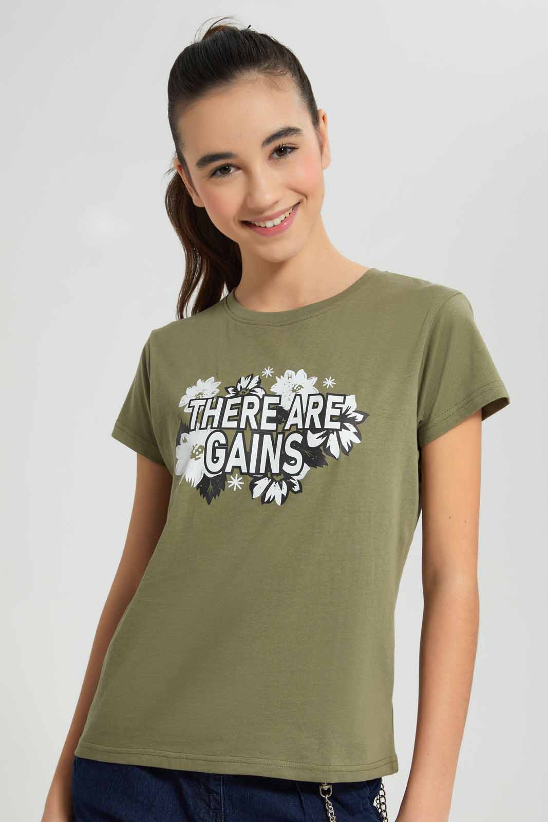 Redtag-Olive-Basic-T-Shirt-Category:T-Shirts,-Colour:Olive,-Deals:New-In,-Filter:Senior-Girls-(8-to-14-Yrs),-GSR-T-Shirts,-New-In-GSR-APL,-Non-Sale,-Section:Girls-(0-to-14Yrs),-TBL,-W22A-Senior-Girls-9 to 14 Years