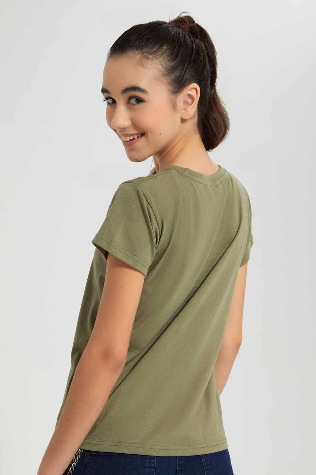 Redtag-Olive-Basic-T-Shirt-Category:T-Shirts,-Colour:Olive,-Deals:New-In,-Filter:Senior-Girls-(8-to-14-Yrs),-GSR-T-Shirts,-New-In-GSR-APL,-Non-Sale,-Section:Girls-(0-to-14Yrs),-TBL,-W22A-Senior-Girls-9 to 14 Years