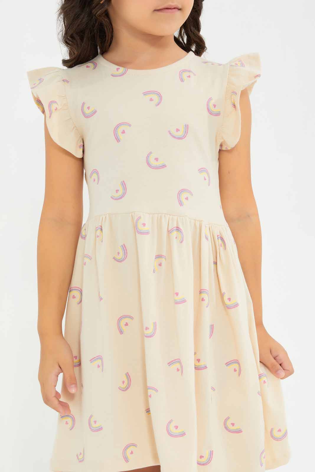 Redtag-Beige-Ruffle-Dress-Circle-Category:Dresses,-Colour:Beige,-Deals:New-In,-Filter:Girls-(2-to-8-Yrs),-GIR-Dresses,-New-In-GIR-APL,-Non-Sale,-Section:Girls-(0-to-14Yrs),-VLM,-W22O-Girls-2 to 8 Years