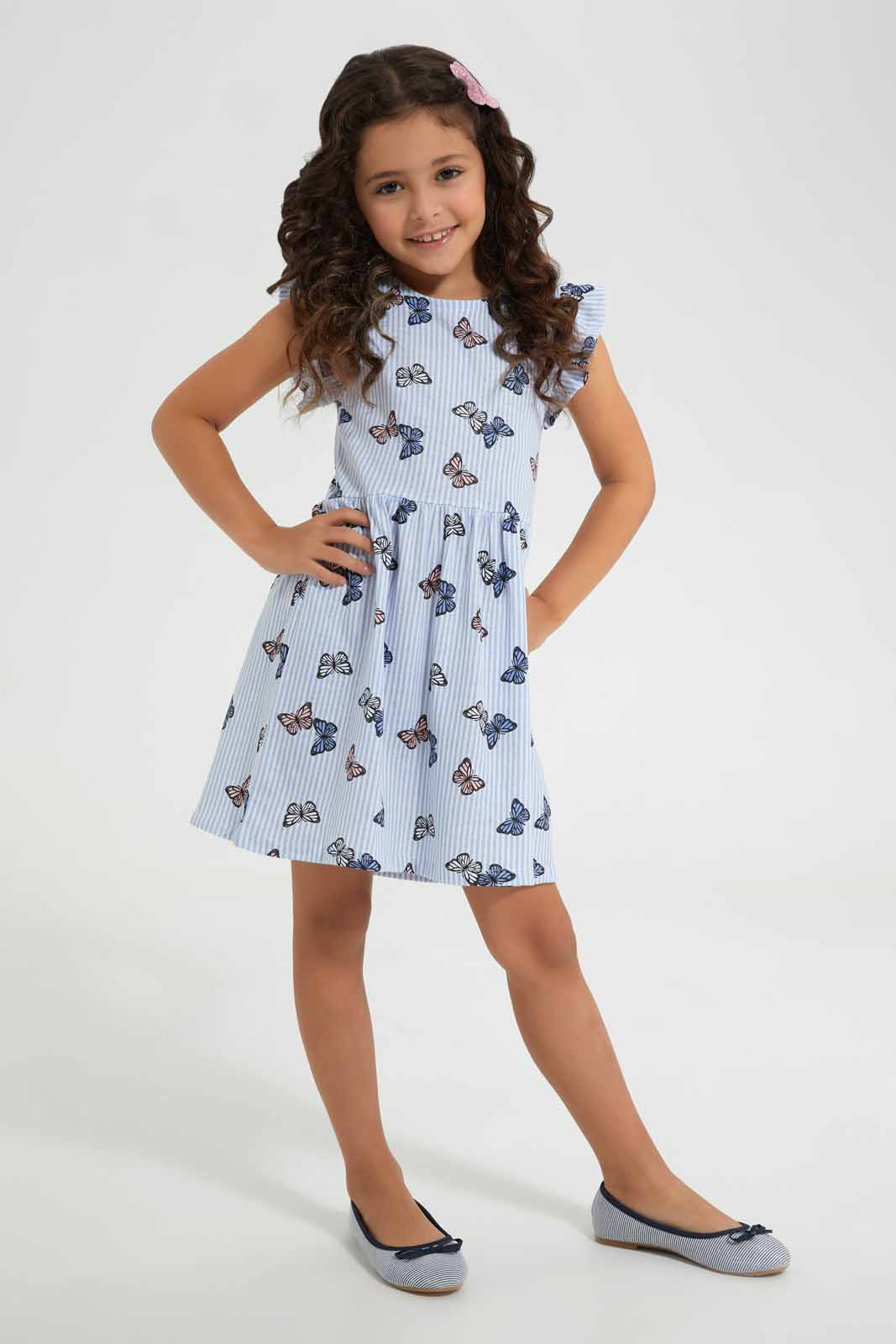 Redtag-Blue-Ruffle-Dress--Butterfly-Blue-Category:Dresses,-Colour:Blue,-Deals:New-In,-Filter:Girls-(2-to-8-Yrs),-GIR-Dresses,-New-In-GIR-APL,-Non-Sale,-Section:Girls-(0-to-14Yrs),-VLM,-W22O-Girls-2 to 8 Years