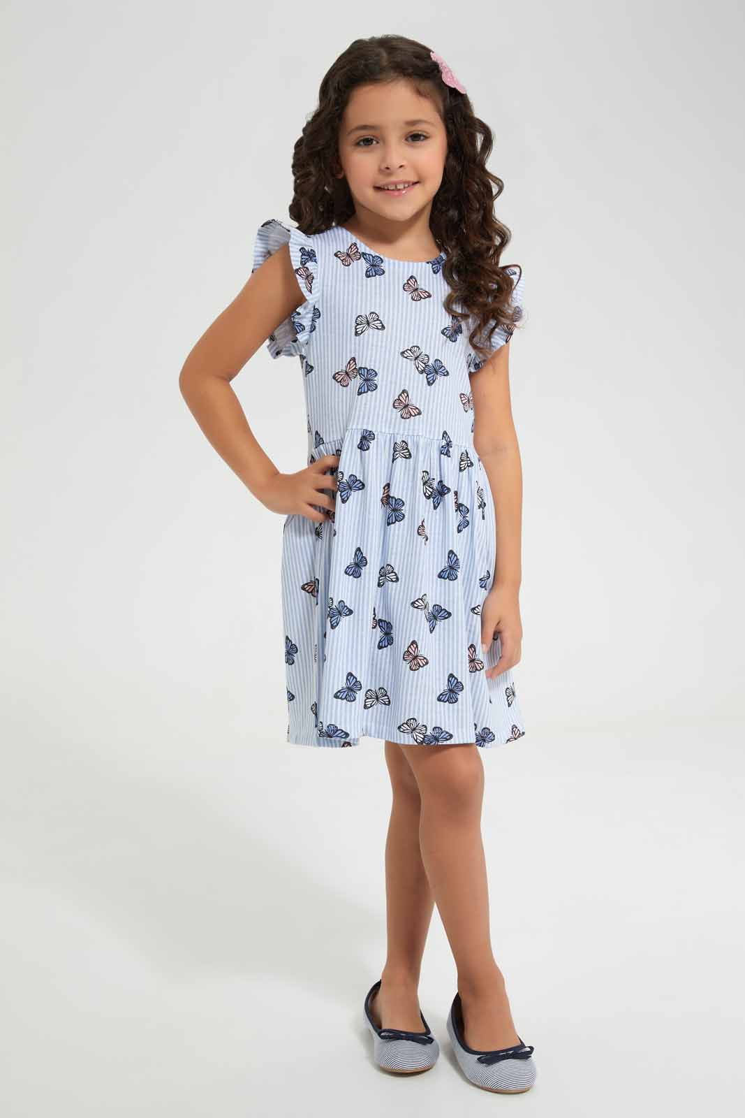 Redtag-Blue-Ruffle-Dress--Butterfly-Blue-Category:Dresses,-Colour:Blue,-Deals:New-In,-Filter:Girls-(2-to-8-Yrs),-GIR-Dresses,-New-In-GIR-APL,-Non-Sale,-Section:Girls-(0-to-14Yrs),-VLM,-W22O-Girls-2 to 8 Years