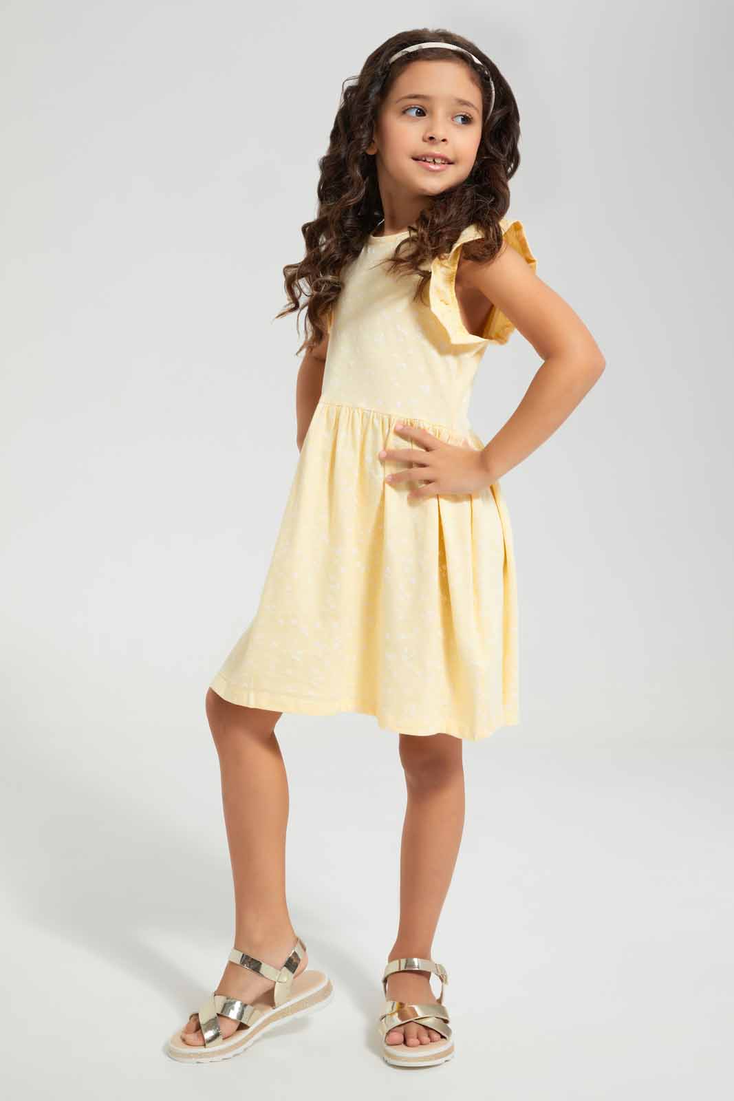 Redtag-Yellow-Ruffle-Dress--Microfloral-Yellow-Category:Dresses,-Colour:Yellow,-Deals:New-In,-Filter:Girls-(2-to-8-Yrs),-GIR-Dresses,-New-In-GIR-APL,-Non-Sale,-Section:Girls-(0-to-14Yrs),-VLM,-W22O-Girls-2 to 8 Years