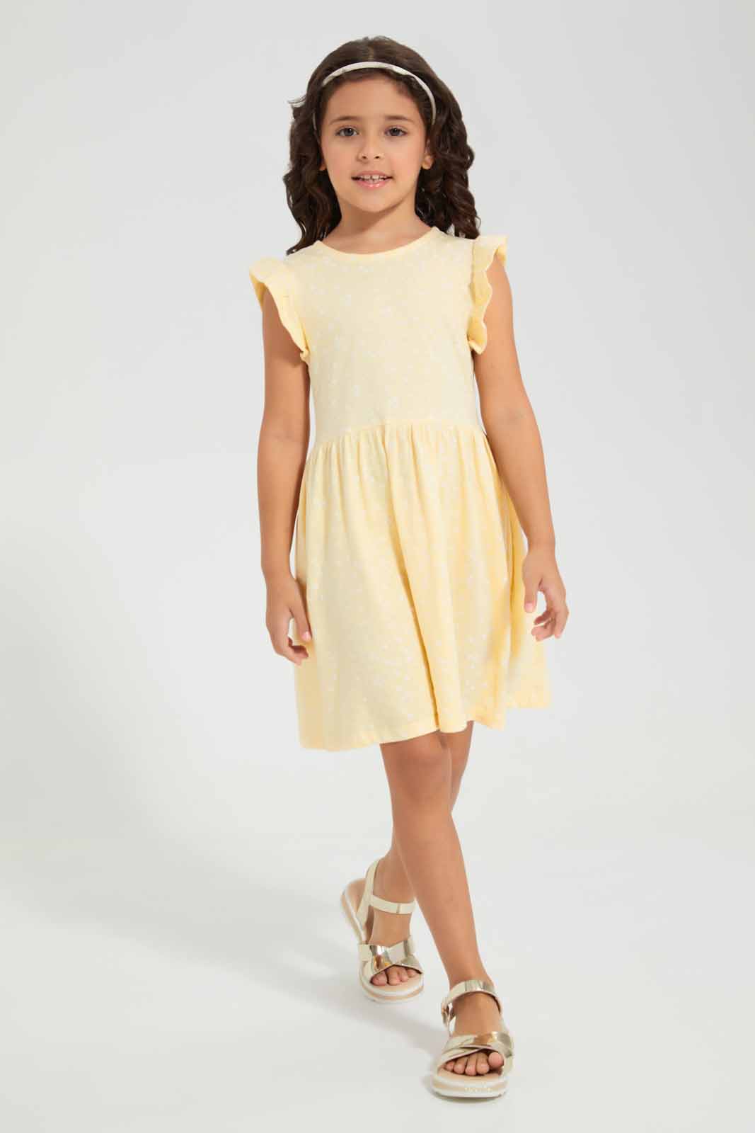 Redtag-Yellow-Ruffle-Dress--Microfloral-Yellow-Category:Dresses,-Colour:Yellow,-Deals:New-In,-Filter:Girls-(2-to-8-Yrs),-GIR-Dresses,-New-In-GIR-APL,-Non-Sale,-Section:Girls-(0-to-14Yrs),-VLM,-W22O-Girls-2 to 8 Years