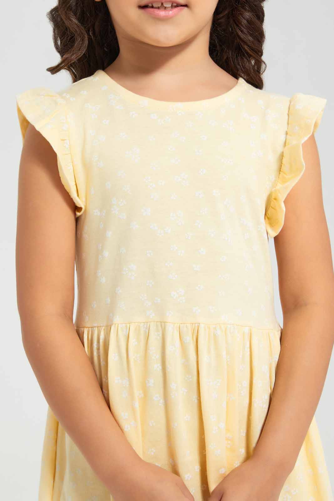 Redtag-Yellow-Ruffle-Dress--Microfloral-Yellow-Category:Dresses,-Colour:Yellow,-Deals:New-In,-Filter:Girls-(2-to-8-Yrs),-GIR-Dresses,-New-In-GIR-APL,-Non-Sale,-Section:Girls-(0-to-14Yrs),-VLM,-W22O-Girls-2 to 8 Years