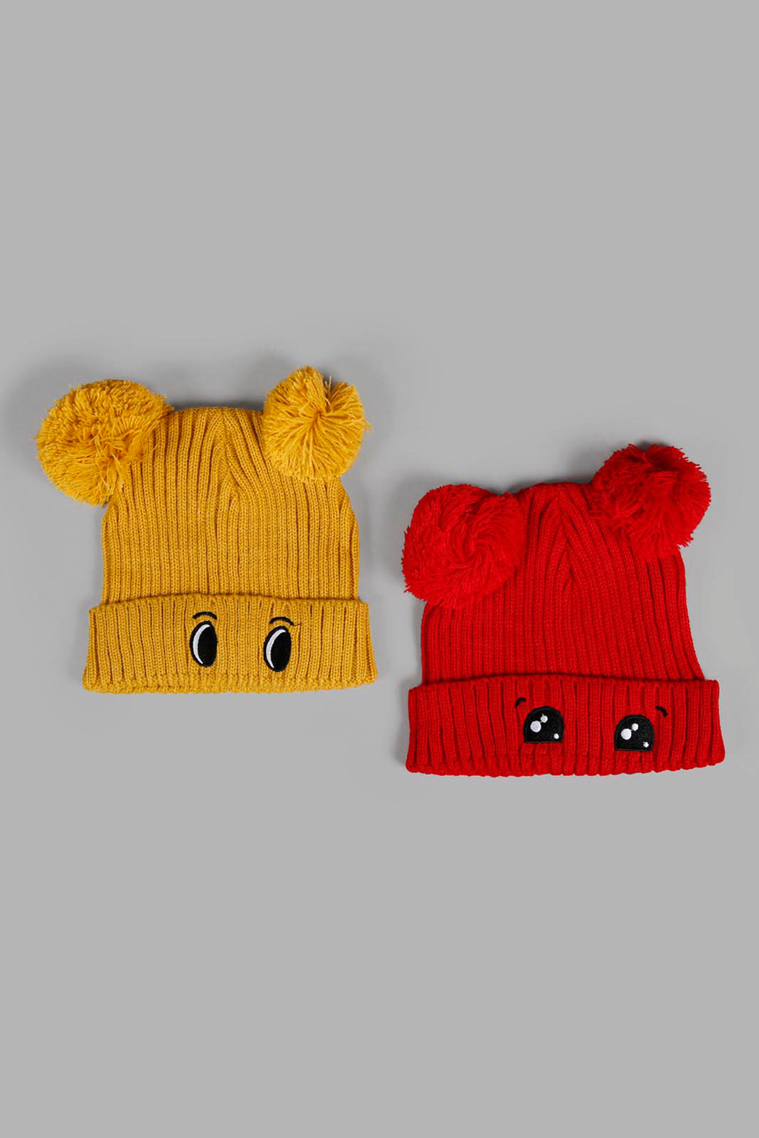 Redtag-Assorted-Mustard-And-Red-Charcater-Knitted-Cap-Set-Of-2-BOY-Knitted-Accessories,-Category:Knitted-Accessories,-Colour:Assorted,-Filter:Boys-Accessories,-New-In,-New-In-BOY-ACC,-Non-Sale,-Section:Boys-(0-to-14Yrs),-W22A-Boys-