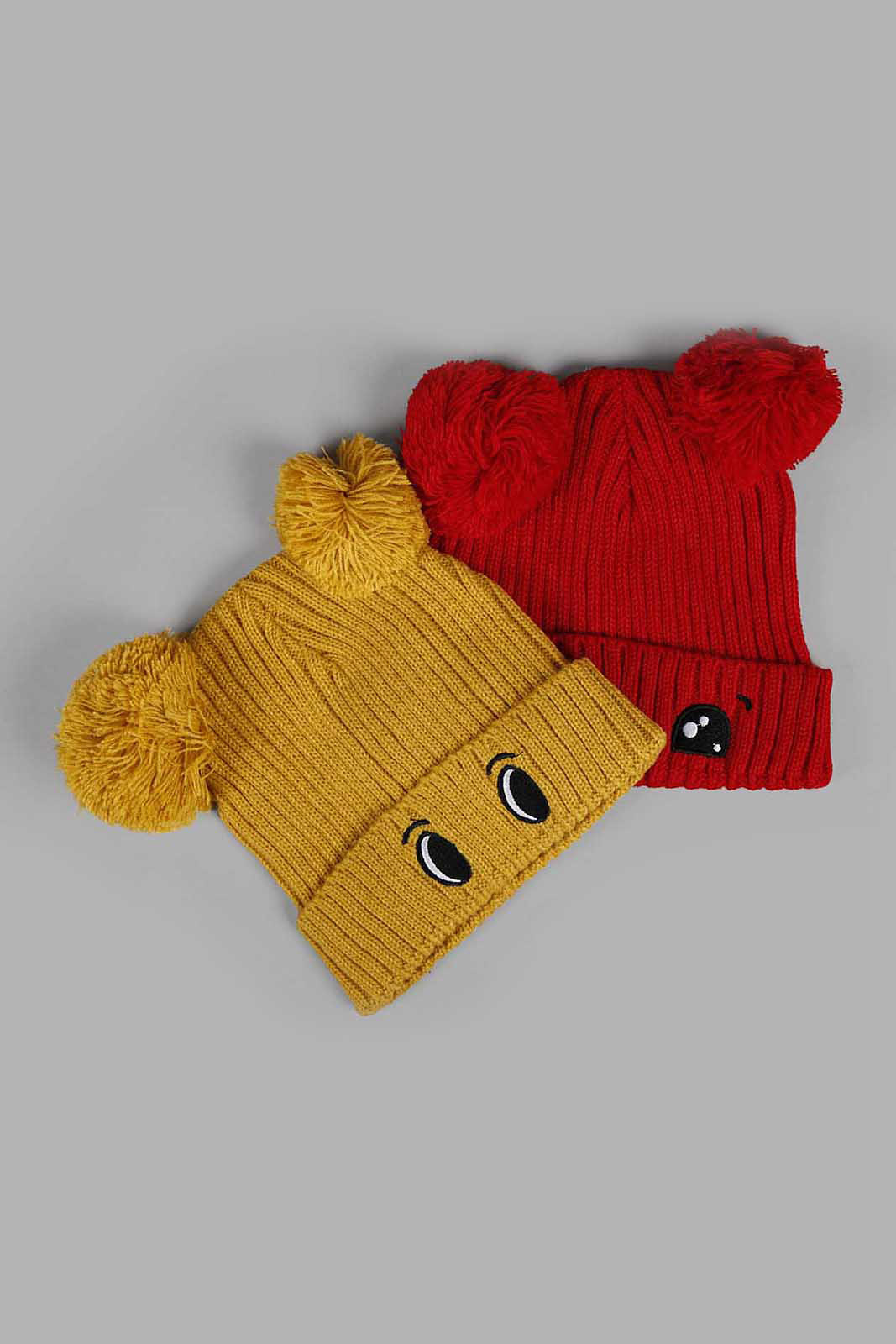 Redtag-Assorted-Mustard-And-Red-Charcater-Knitted-Cap-Set-Of-2-BOY-Knitted-Accessories,-Category:Knitted-Accessories,-Colour:Assorted,-Filter:Boys-Accessories,-New-In,-New-In-BOY-ACC,-Non-Sale,-Section:Boys-(0-to-14Yrs),-W22A-Boys-